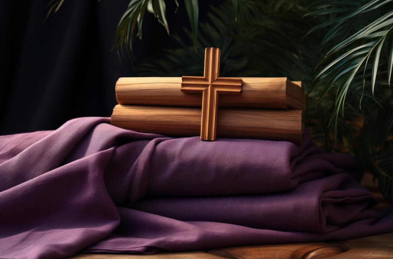 AI generated a wooden cross on a purple cloth against a palm tree photo