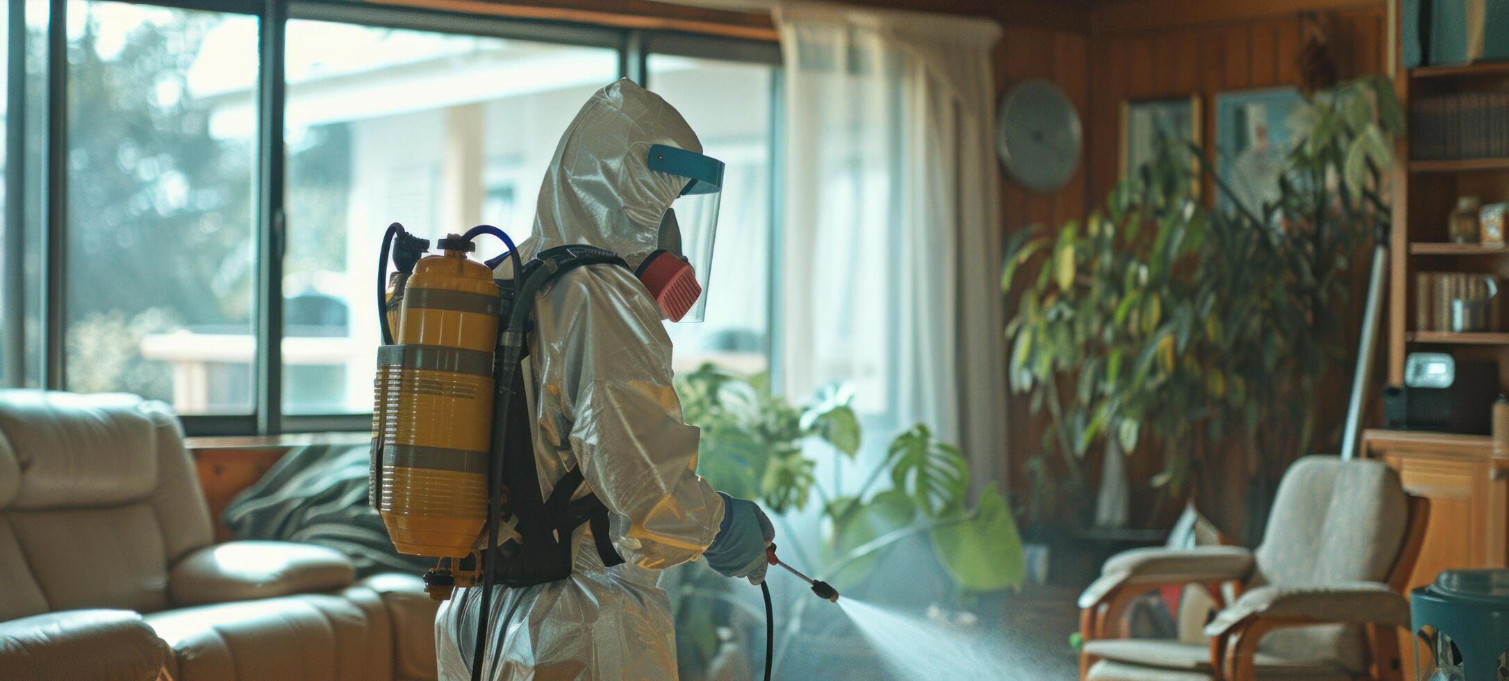 ai generado un parásito controlar trabajador en un protector traje, sin un visible rostro, es pulverización insecticida en un vivo habitación foto