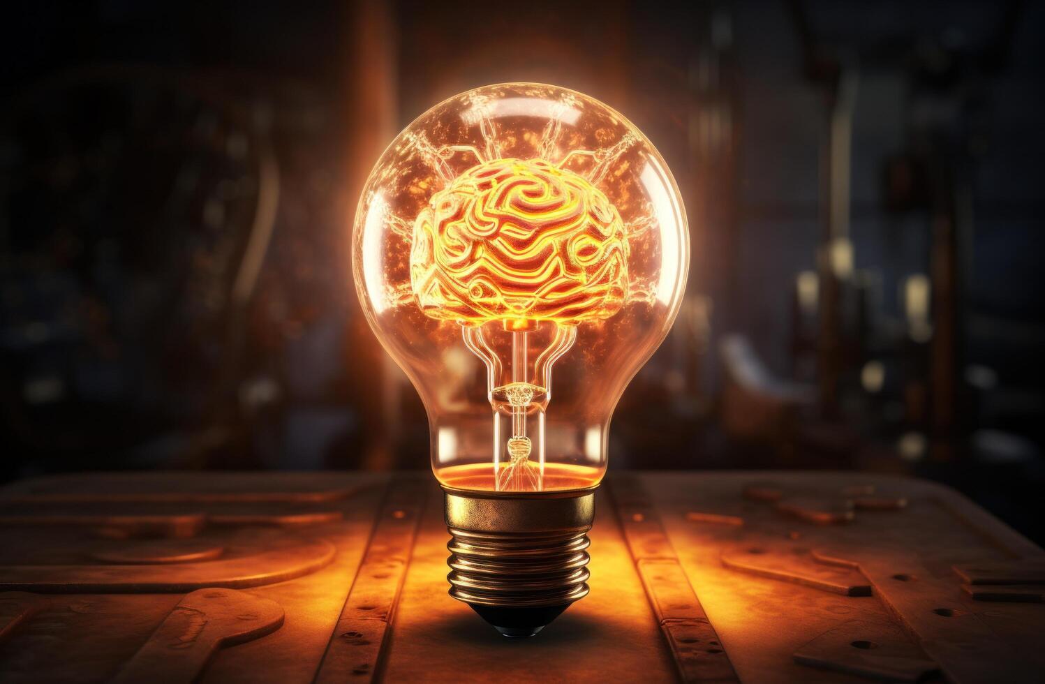AI generated an image of a light bulb with a brain shaped inside. photo