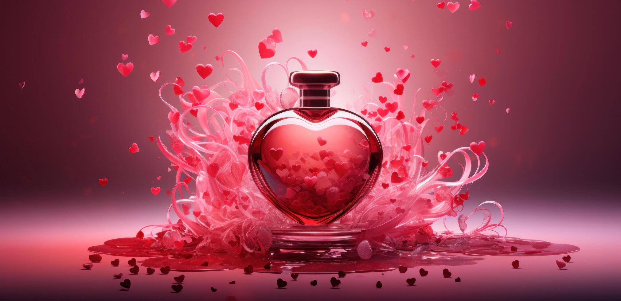 ai generado un objeto parecido a rojo perfume es flotante en rojo corazones foto