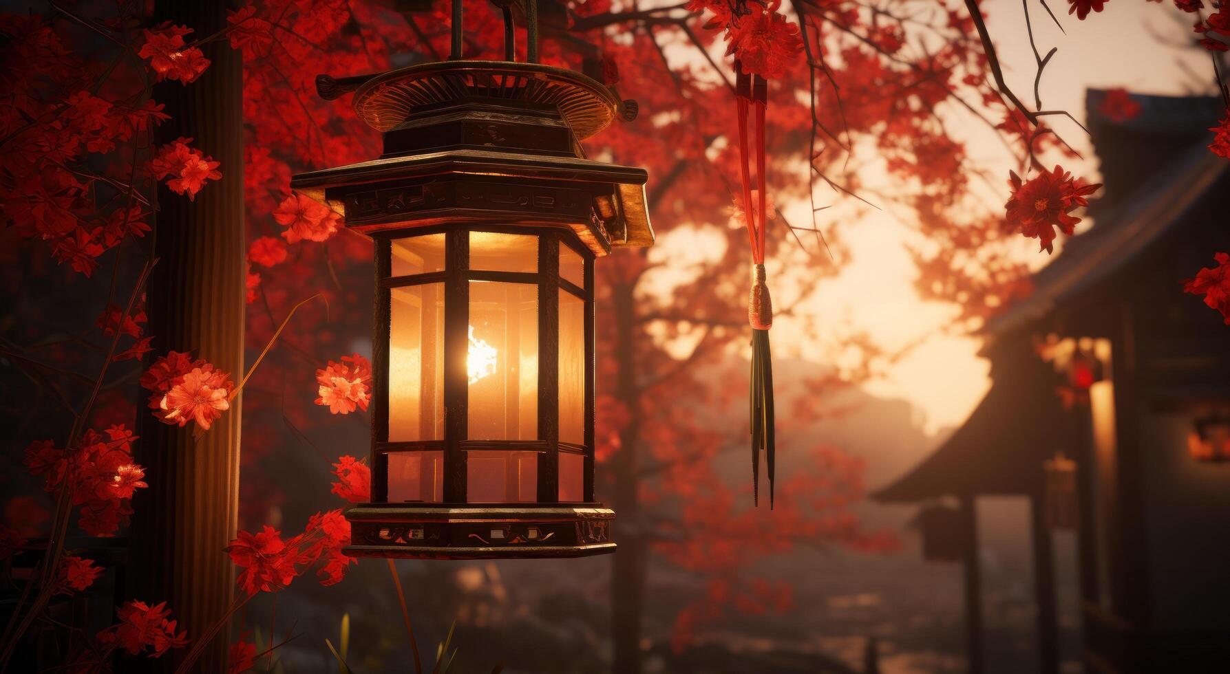 AI generated beautiful red lantern in the evening sunshine at chinese festival. photo