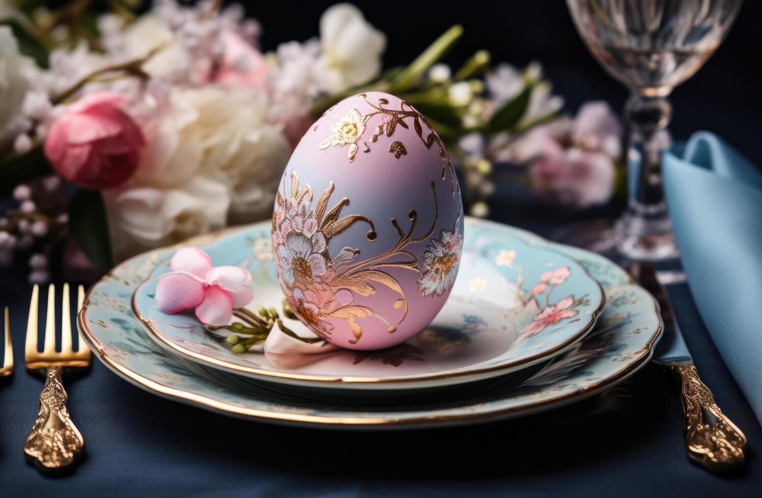 AI generated easter table setting with paper napkin and egg, pink and blue photo