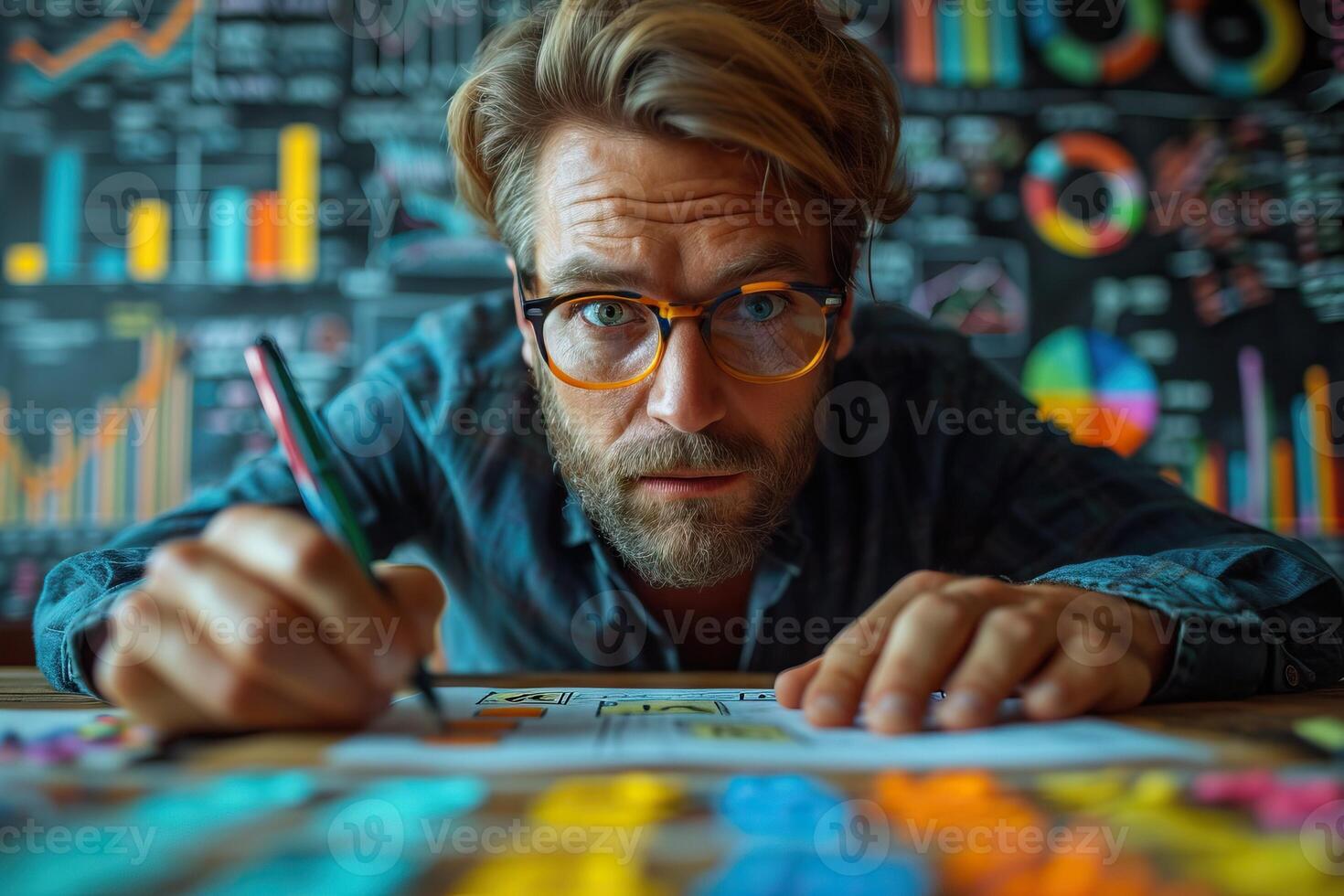AI Generated Businessman works on a sketches of a startup creative project. Generative AI photo