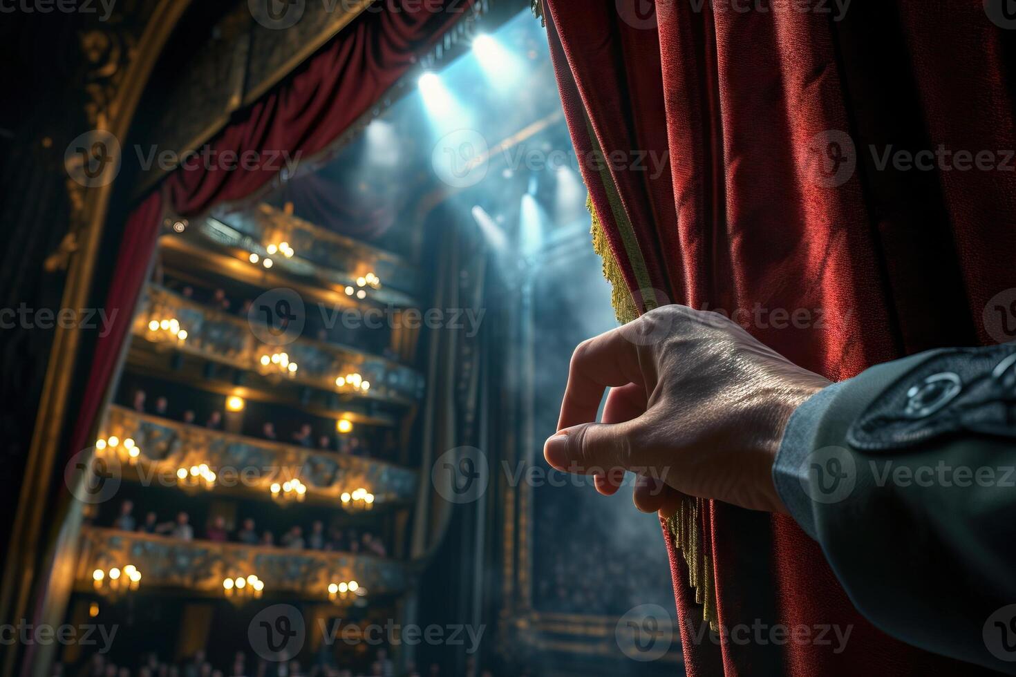 AI Generated Hand are opening the curtain of a stage. the show is about to begin. Generative AI photo