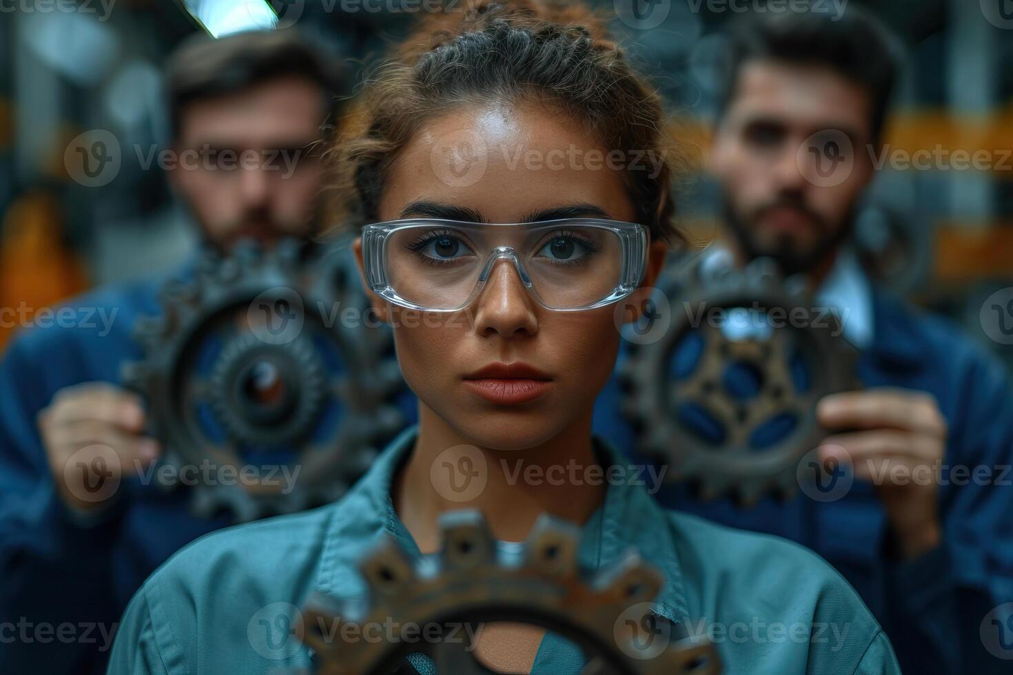 AI Generated Worker is working with gears at the factory. Generative AI photo