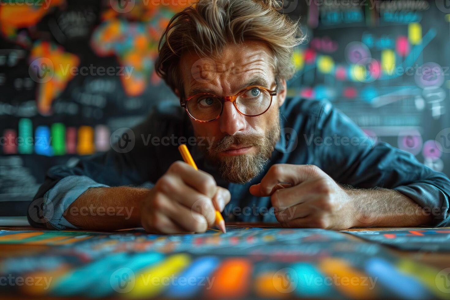 AI Generated Businessman works on a sketches of a startup creative project. Generative AI photo