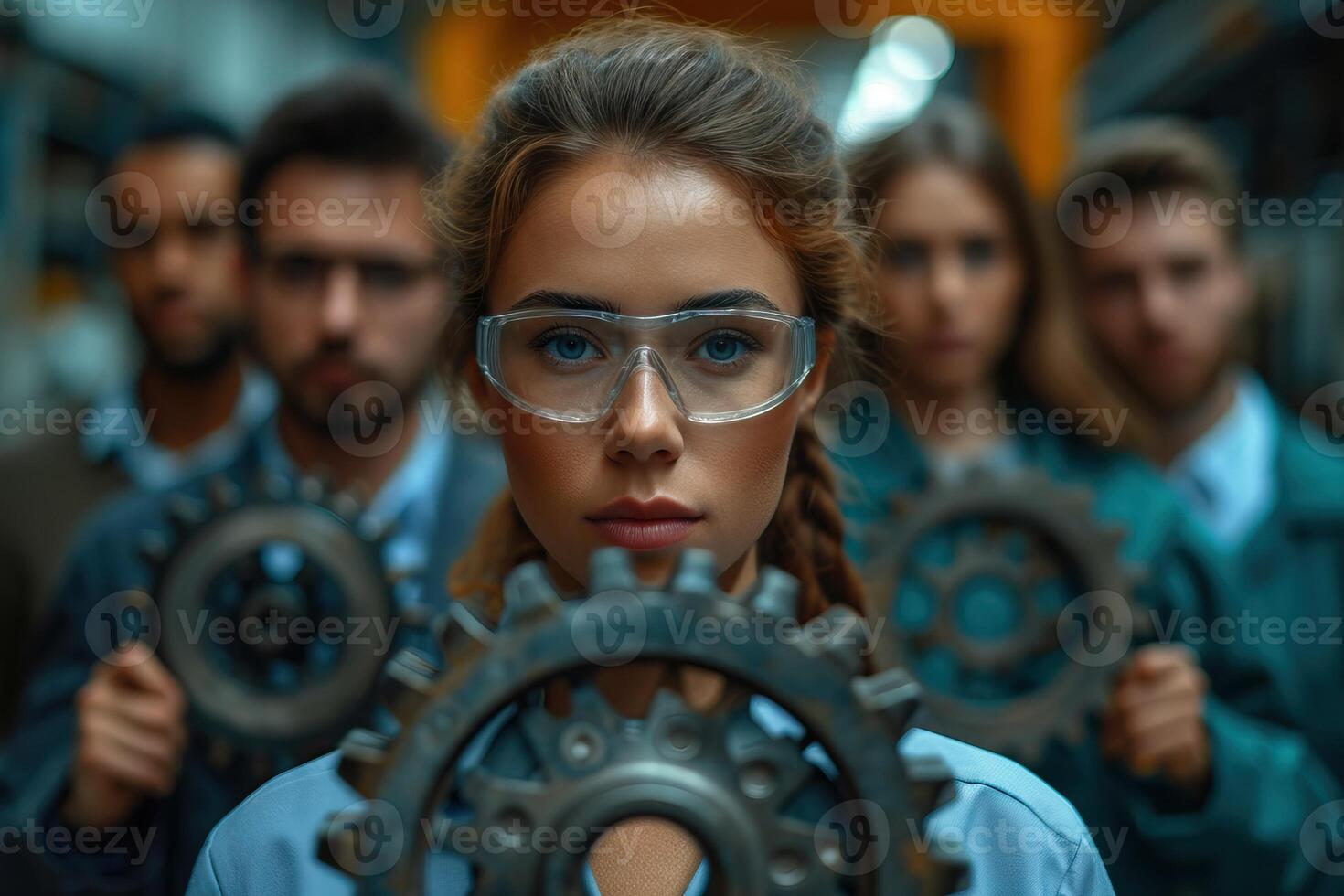 AI Generated Worker is working with gears at the factory. Generative AI photo