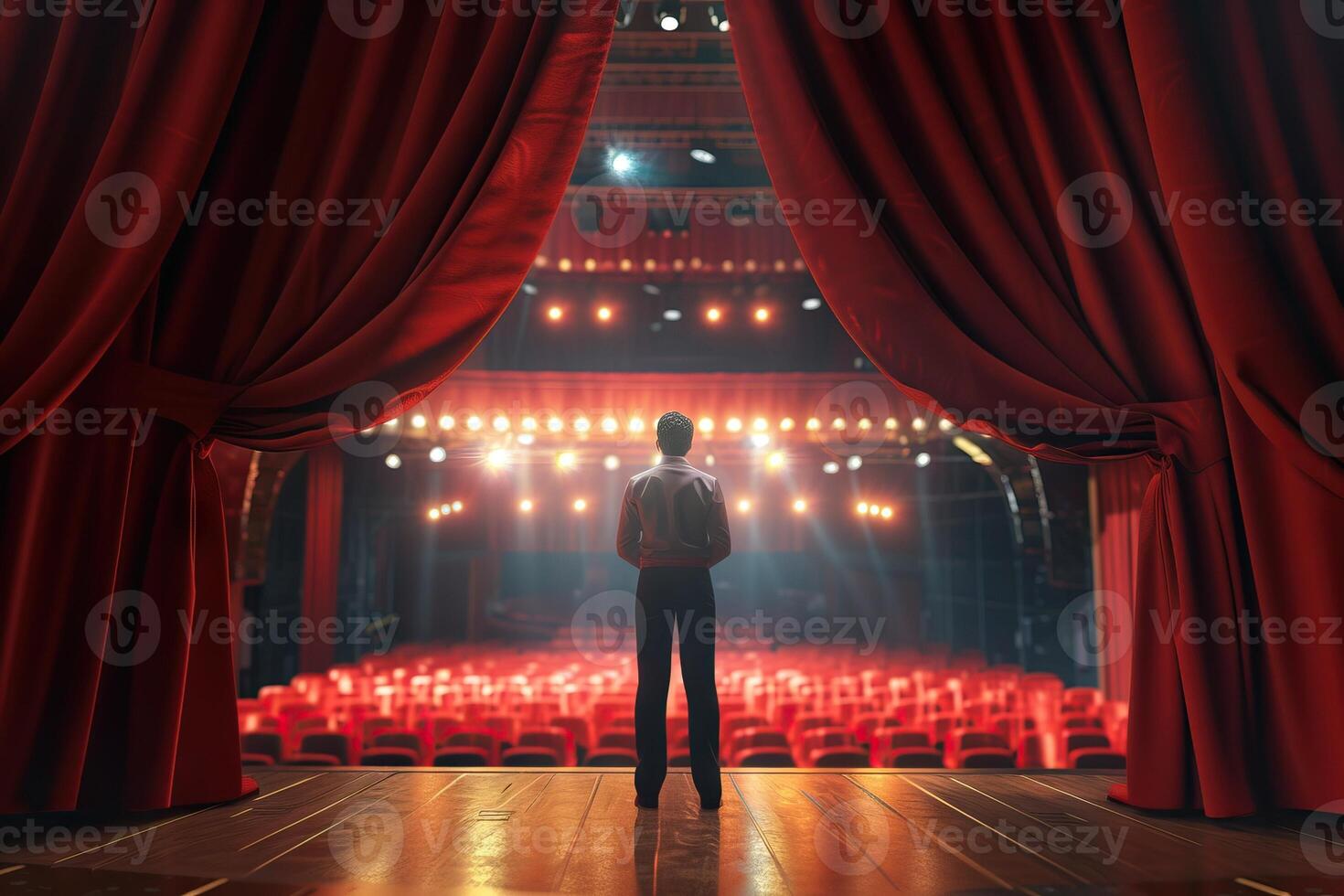 AI Generated The red curtains are opening for the theater show. Generative AI photo