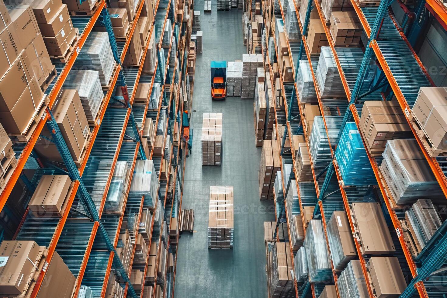 AI Generated Modern warehouse with stacks of boxes. Generative AI photo