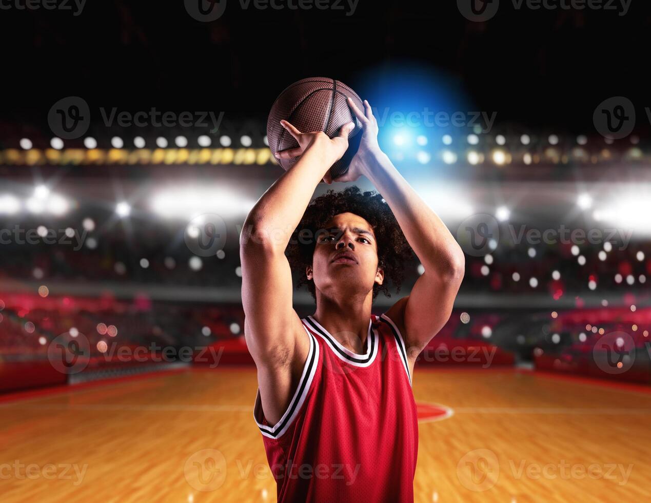 baloncesto jugador Listo a disparar el pelota durante un partido foto