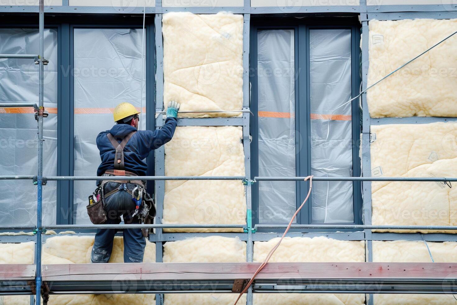 AI Generated Worker applies insulation with glass wool for energy saving on a new construction site. Generative AI photo