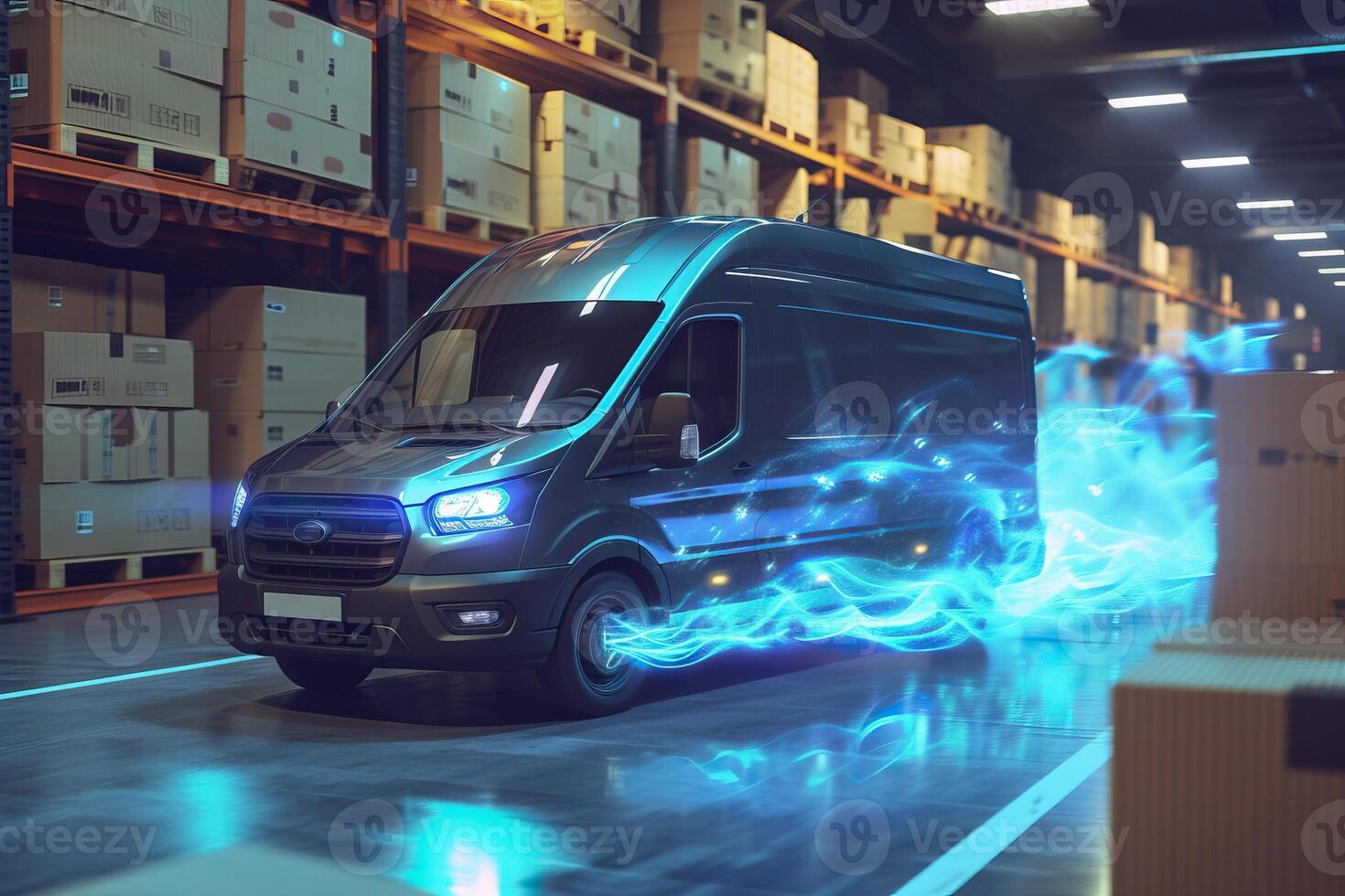 AI Generated Super fast delivery of package service with van fire effect. Generative AI photo