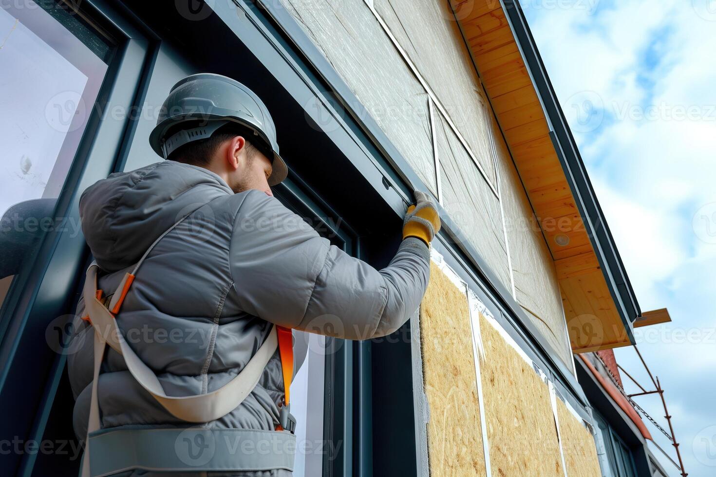 AI Generated Worker applies insulation with glass wool for energy saving on a new construction site. Generative AI photo