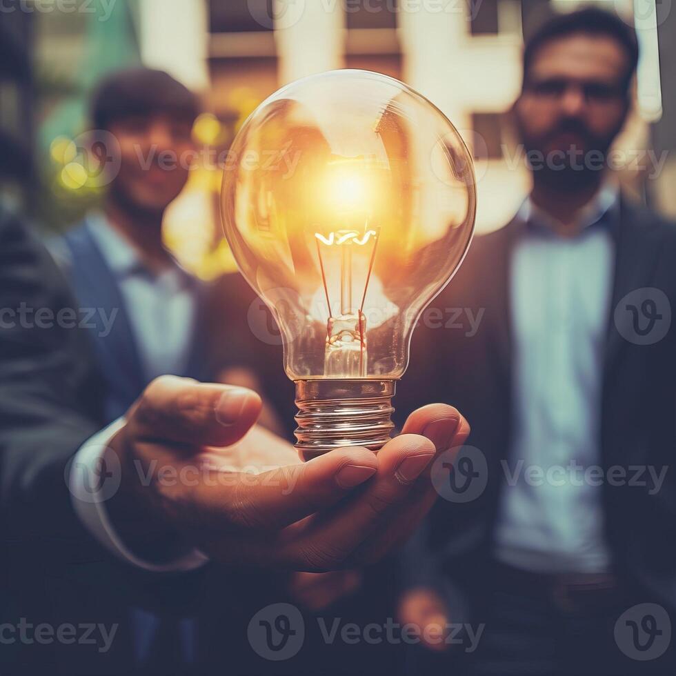 ai generado trabajo en equipo y lluvia de ideas concepto con empresarios ese compartir un grande idea con un lámpara. generativo ai foto