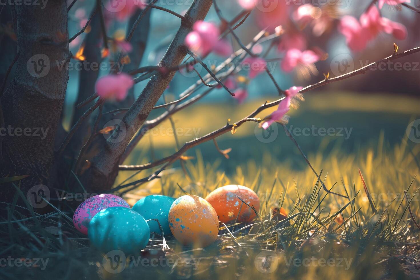 AI Generated Colorful eggs in a green field for Easter. Generative AI photo