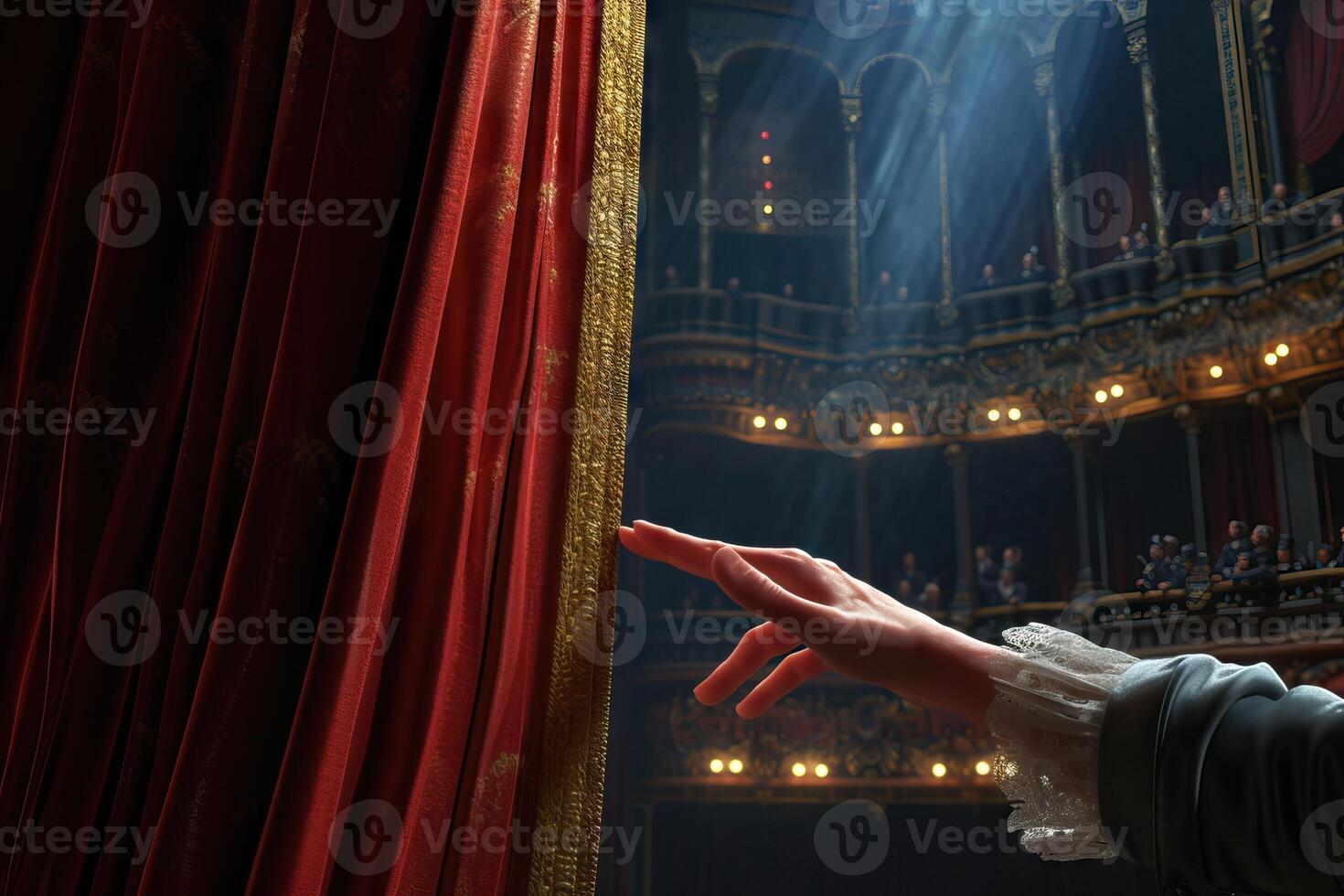 AI Generated Hand are opening the curtain of a stage. the show is about to begin. Generative AI photo