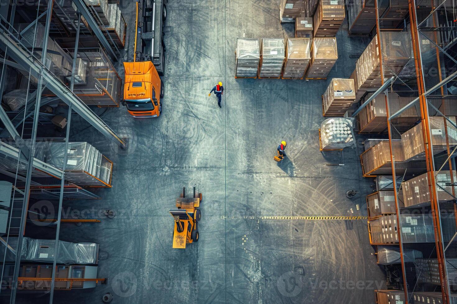 AI Generated Modern warehouse with stacks of boxes. Generative AI photo