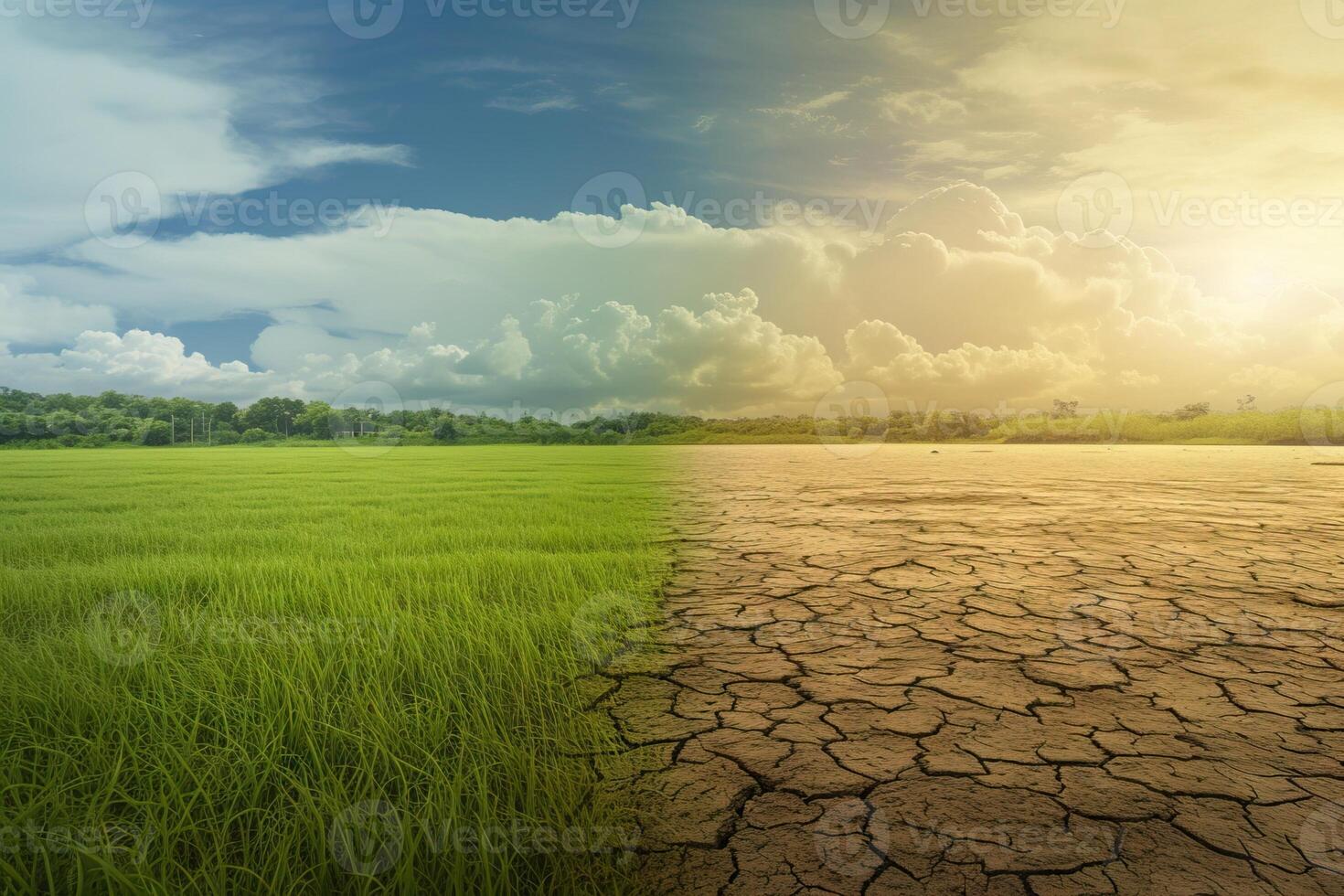 AI Generated Field from green grass to thirsty. problem of global warming. Generative AI photo