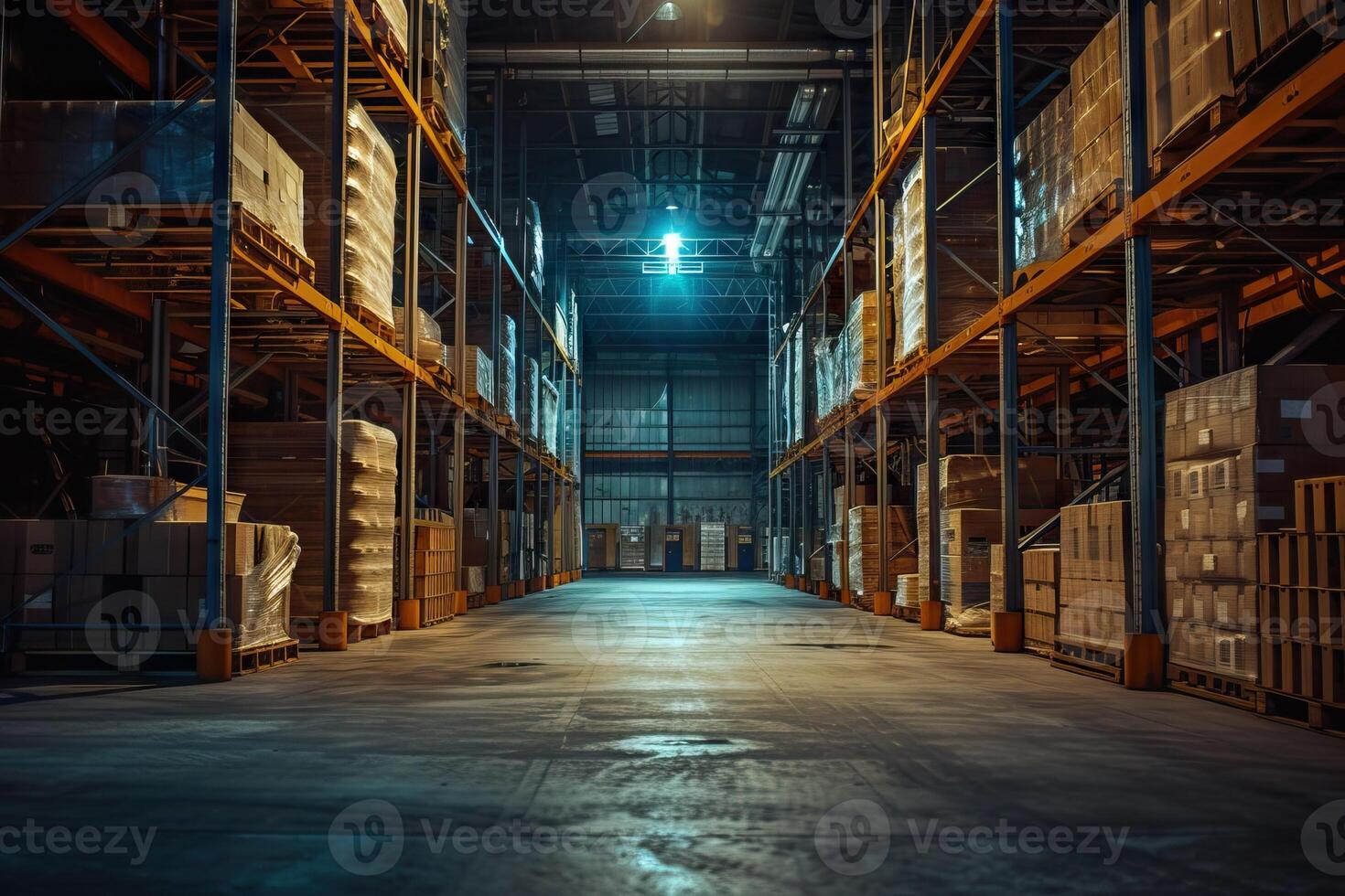 AI Generated Modern warehouse with stacks of boxes. Generative AI photo