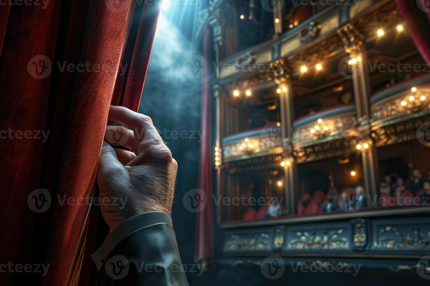 AI Generated Hand are opening the curtain of a stage. the show is about to begin. Generative AI photo