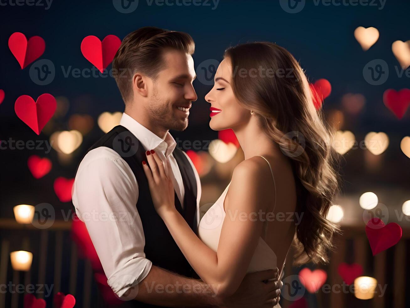 ai generado romántico Pareja Sesión de fotos para San Valentín día con hermosa antecedentes acerca de amor y relaciones, hombre y mujer