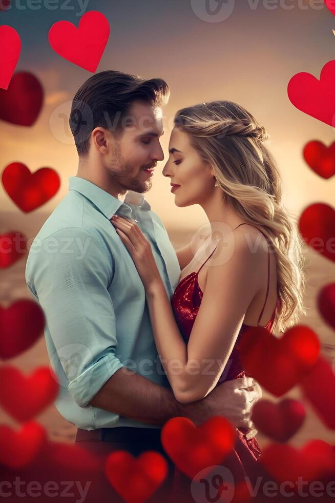 AI generated Romantic couple holding roses bouquet for valentines Day event photo