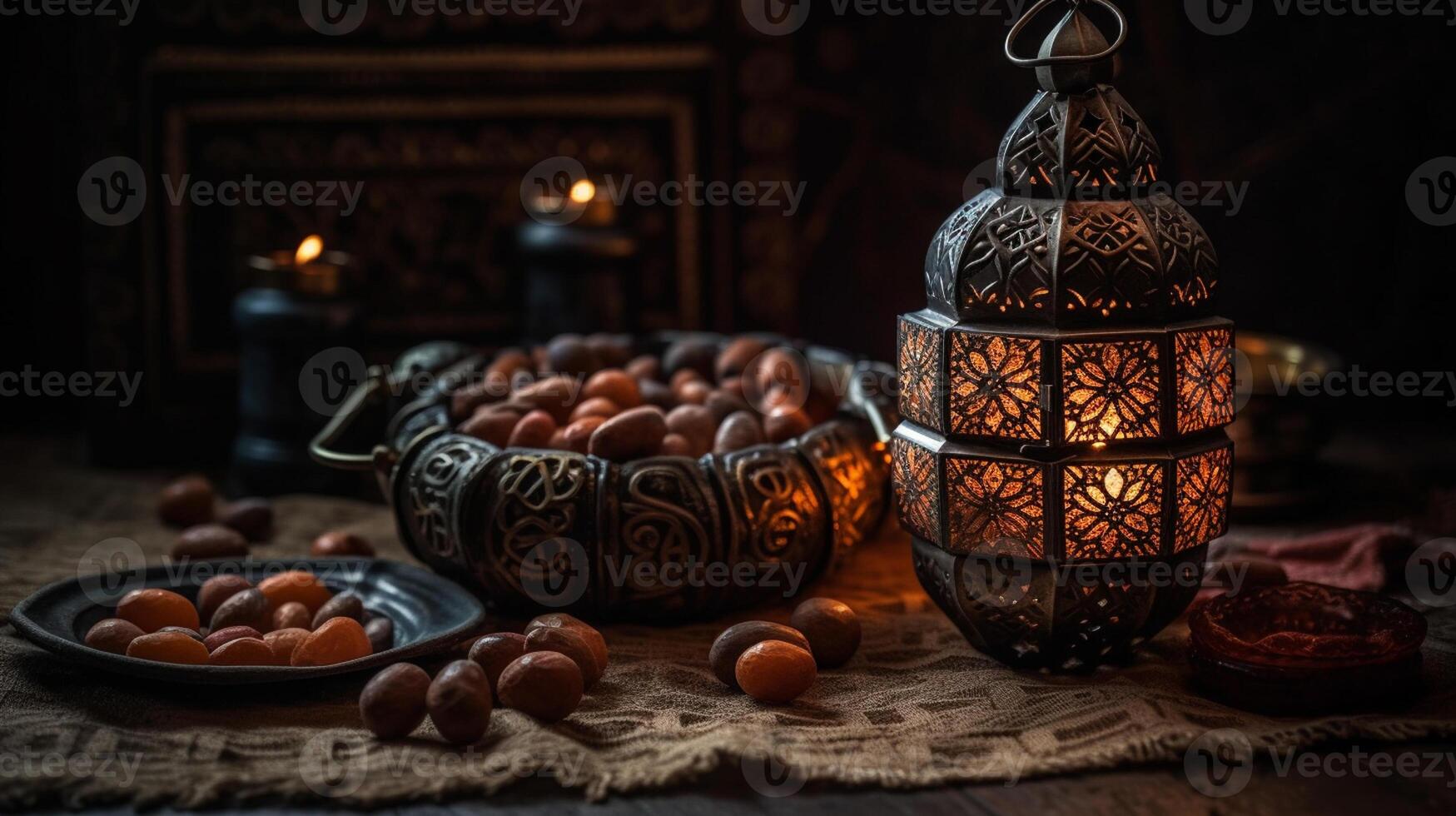 AI generated Ramadan Kareem greeting card. Ramadan Kareem lanterns with dates and dried apricots photo