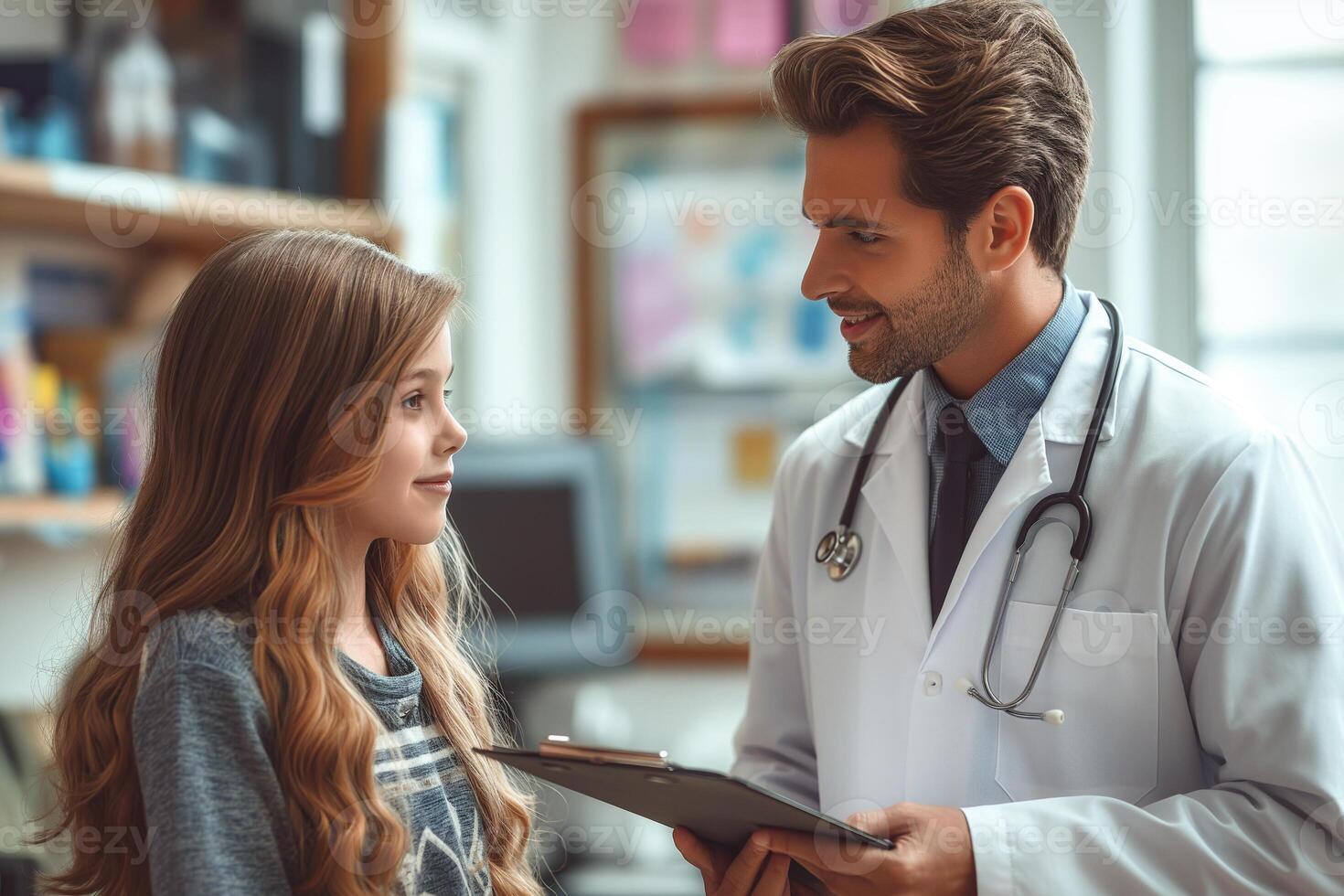 ai generado pediatra médico visitando un joven paciente foto