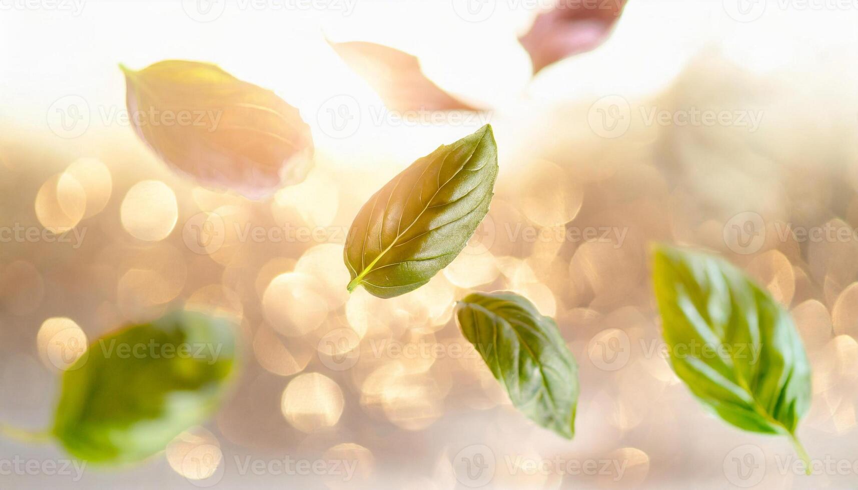 flying fresh natural basil leaves on white background photo