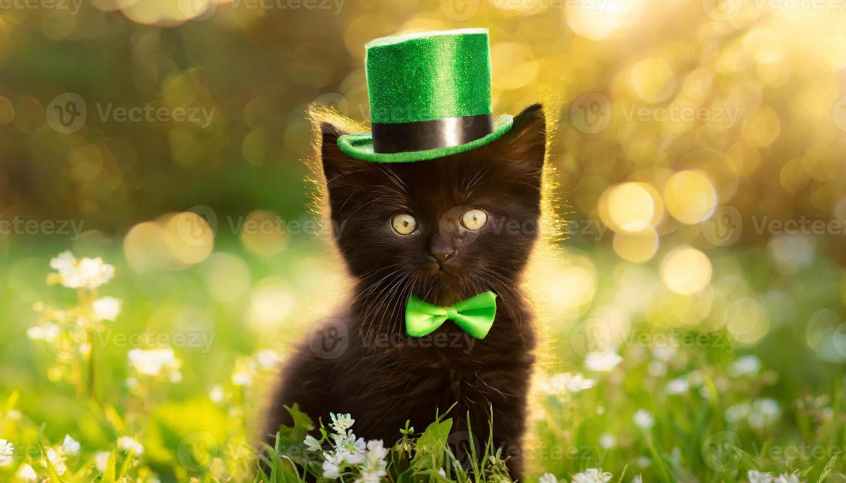 AI generated Kitten in green top hat, green grass on background, St. Patrick's Day  concept photo