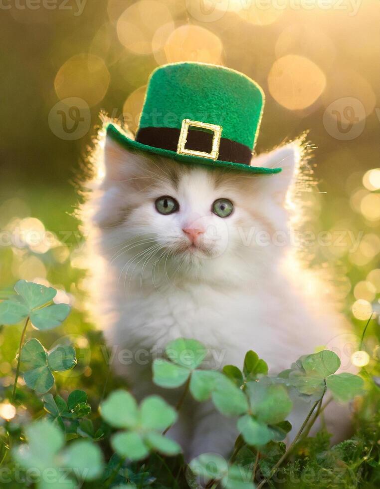 AI generated Kitten in green top hat, green grass on background, St. Patrick's Day  concept photo