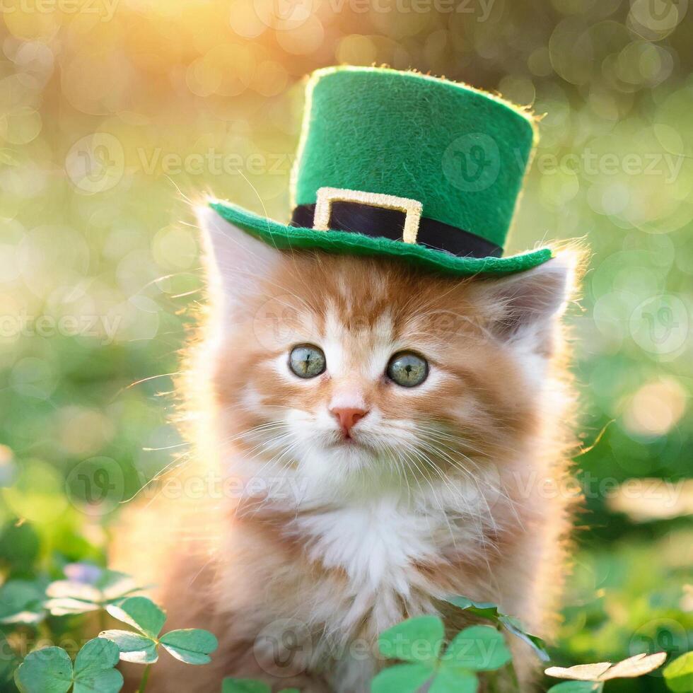 AI generated Kitten in green top hat, green grass on background, St. Patrick's Day  concept photo