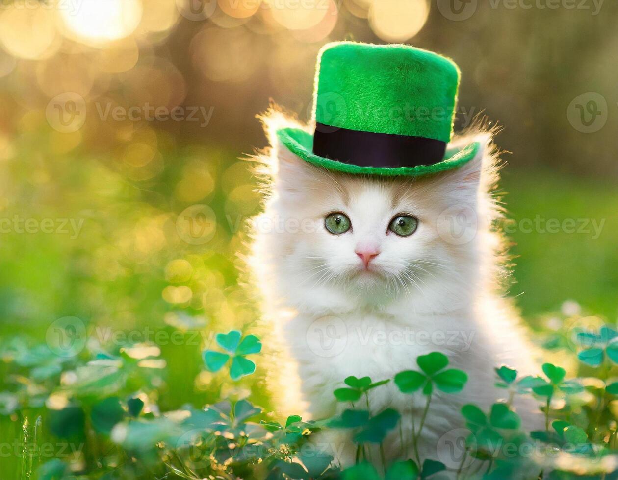 AI generated Kitten in green top hat, green grass on background, St. Patrick's Day  concept photo