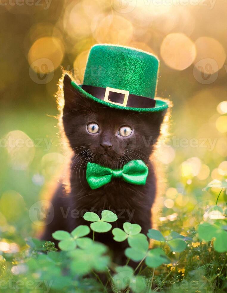 AI generated Kitten in green top hat, green grass on background, St. Patrick's Day  concept photo