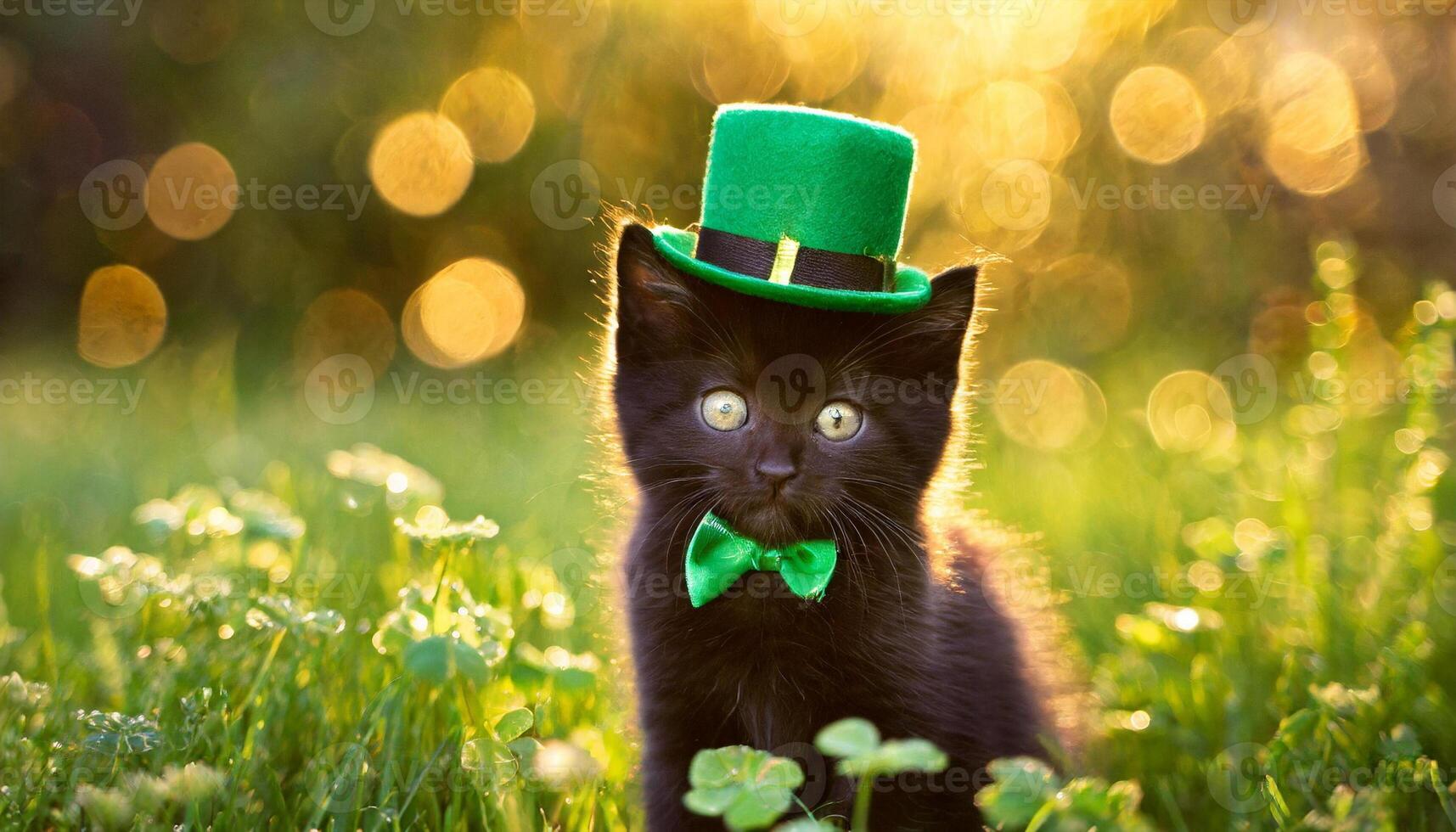 AI generated Kitten in green top hat, green grass on background, St. Patrick's Day  concept photo