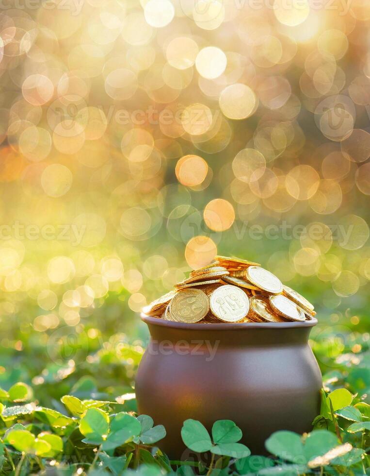 AI generated St Patrick's day concept, pot full of gold coins on clover field photo