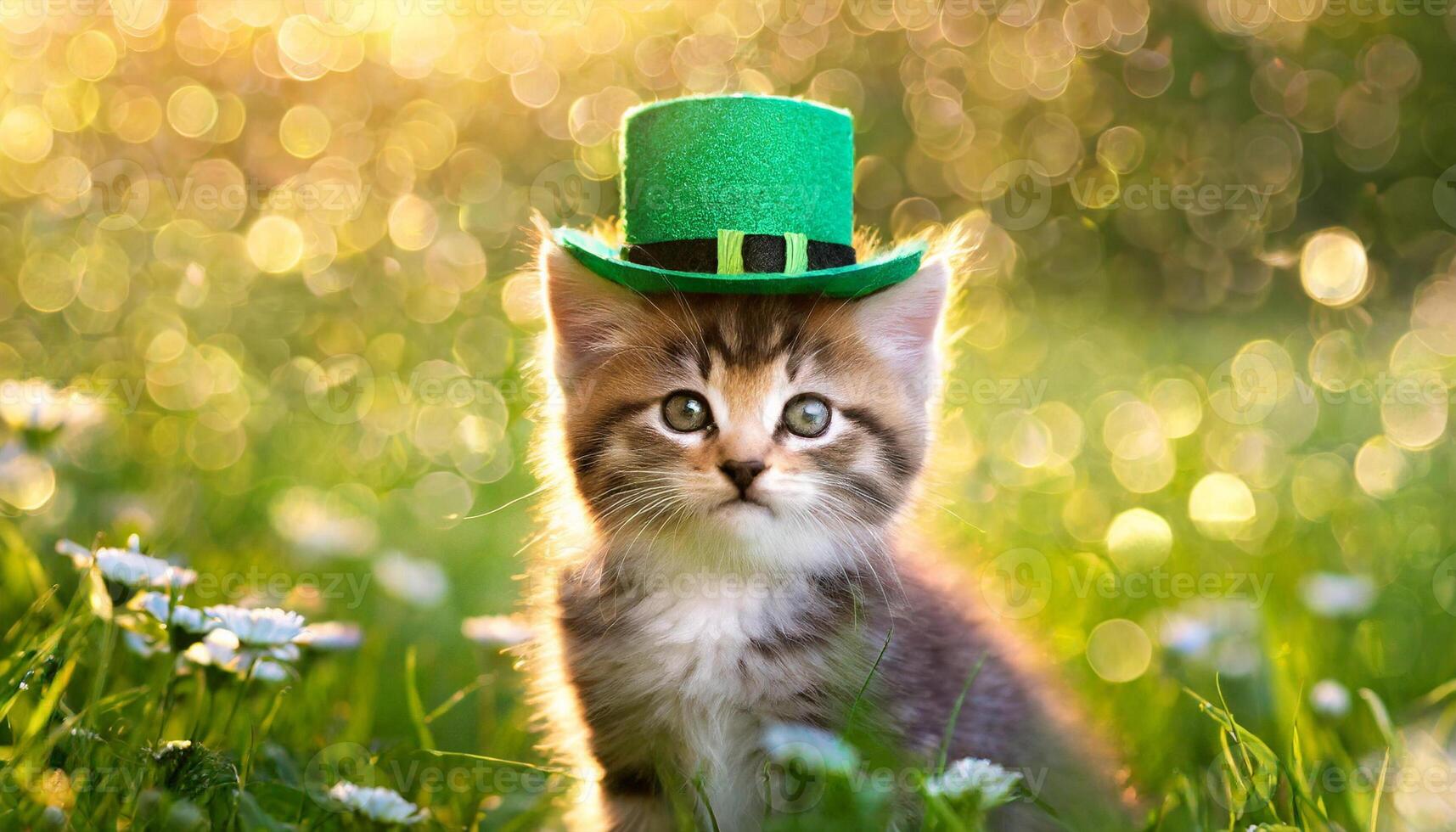 AI generated Kitten in green top hat, green grass on background, St. Patrick's Day  concept photo