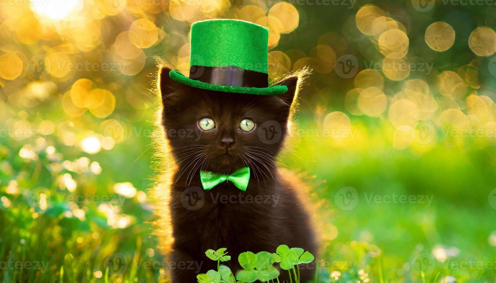 AI generated Kitten in green top hat, green grass on background, St. Patrick's Day  concept photo