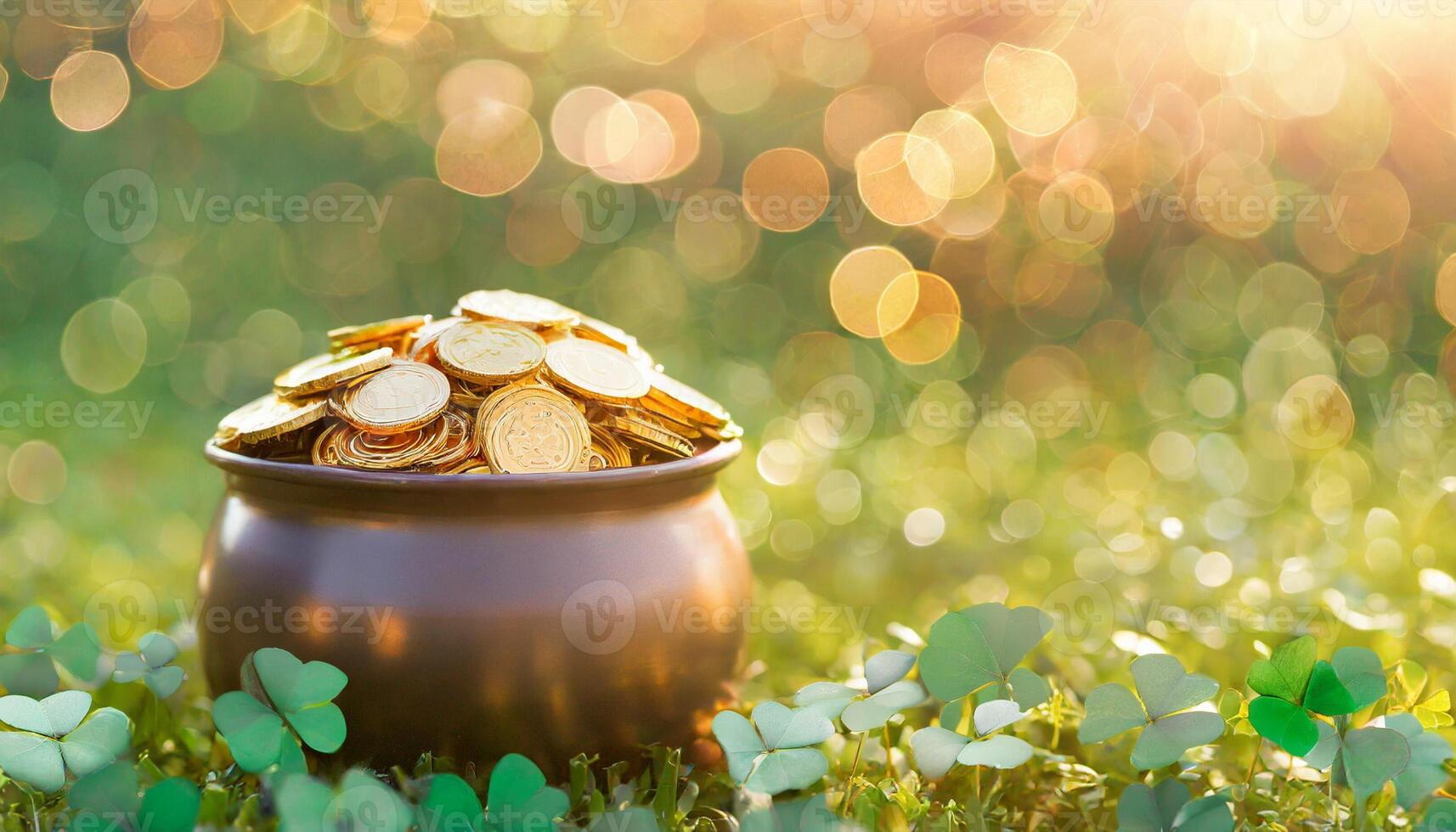 AI generated St Patrick's day concept, pot full of gold coins on clover field photo