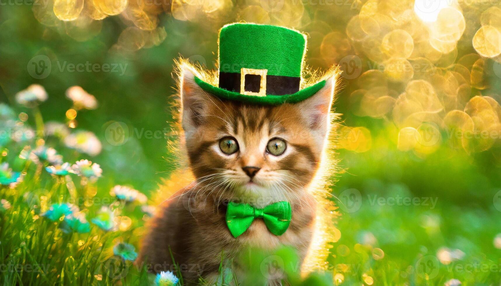 AI generated Kitten in green top hat, green grass on background, St. Patrick's Day  concept photo