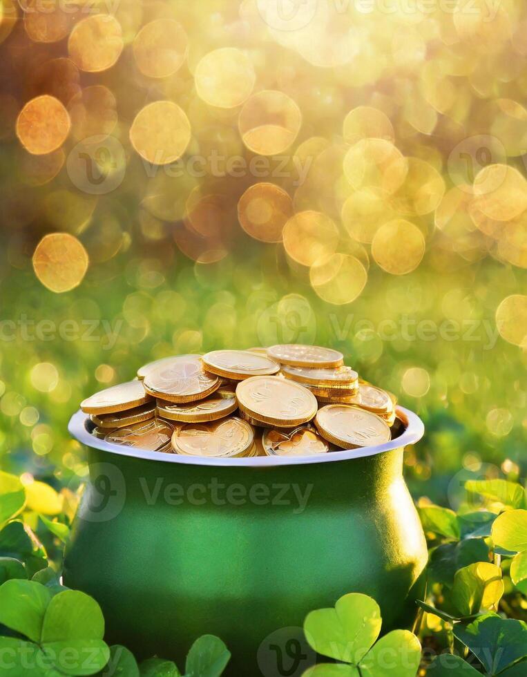 AI generated St Patrick's day concept, pot full of gold coins on clover field photo