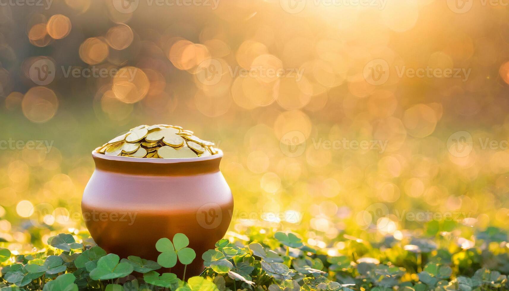 AI generated St Patrick's day concept, pot full of gold coins on clover field photo