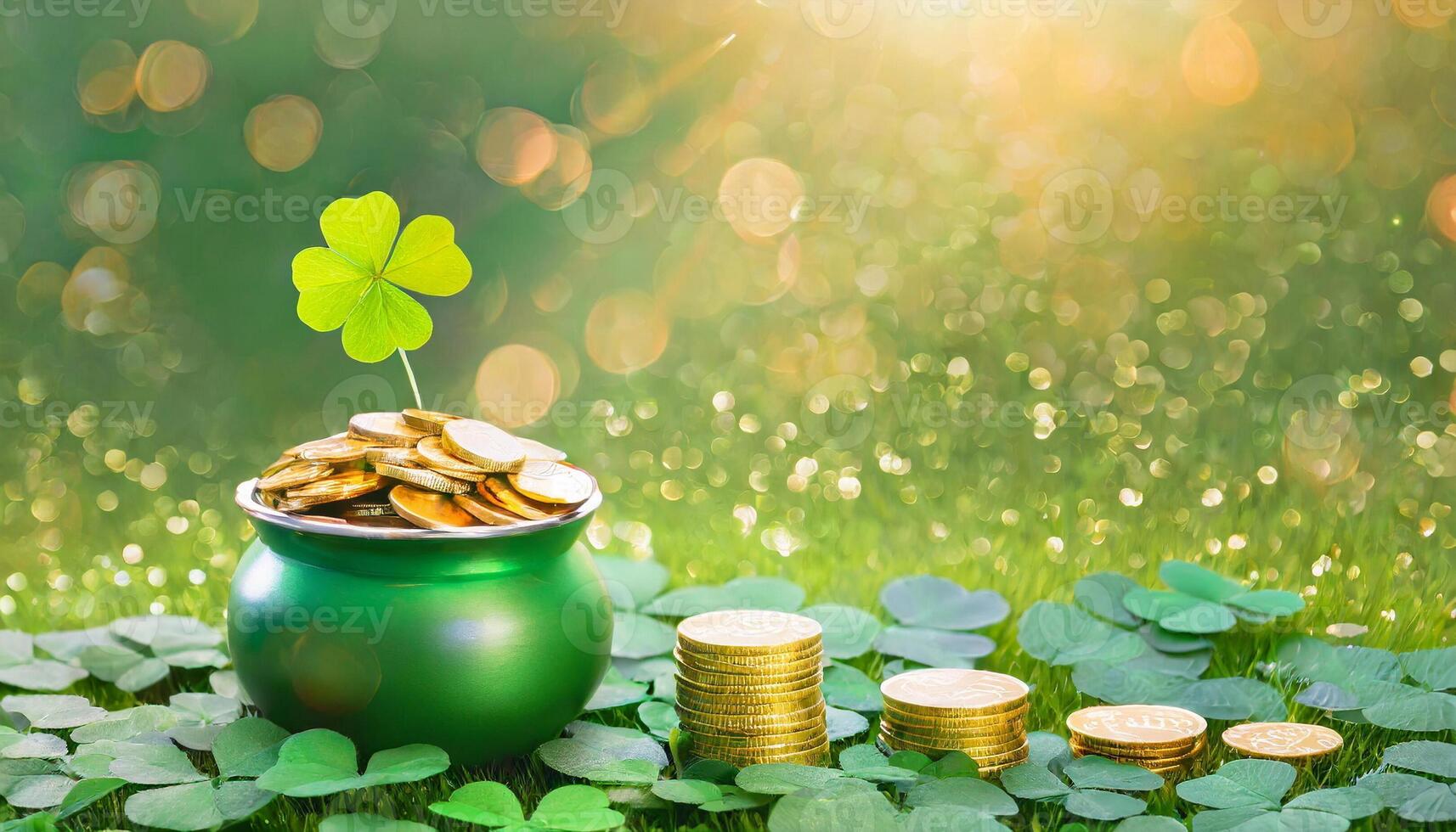 AI generated St Patrick's day concept, pot full of gold coins on clover field photo