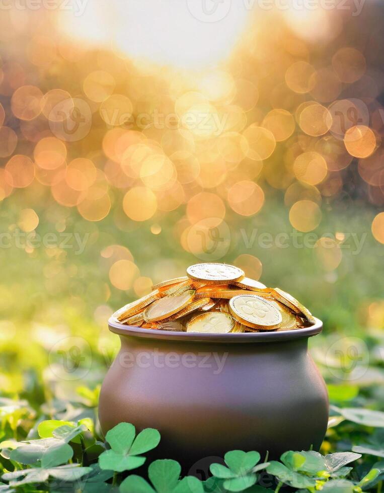 AI generated St Patrick's day concept, pot full of gold coins on clover field photo
