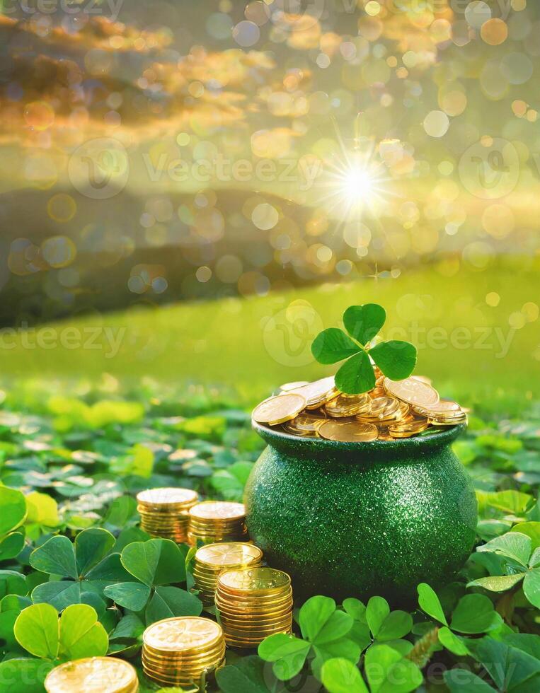 AI generated St Patrick's day concept, pot full of gold coins on clover field photo