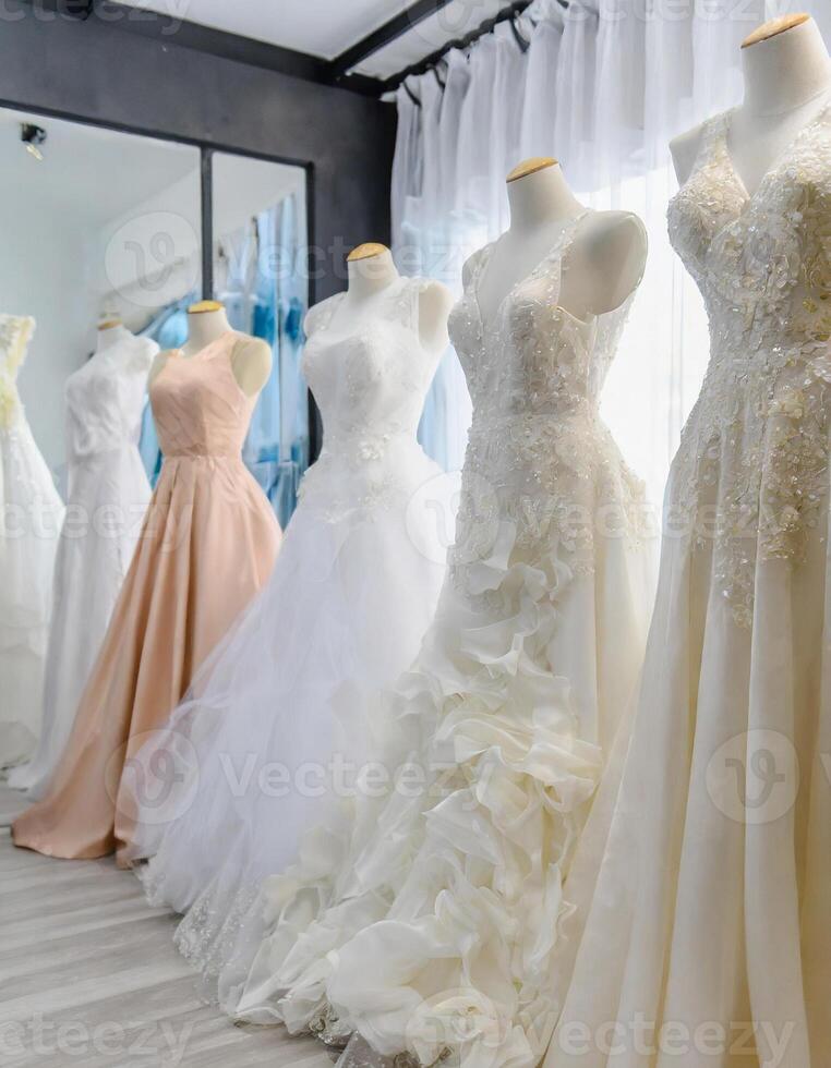 AI generated A collection of different style wedding dresses showcases diverse styles in bridal boutique photo