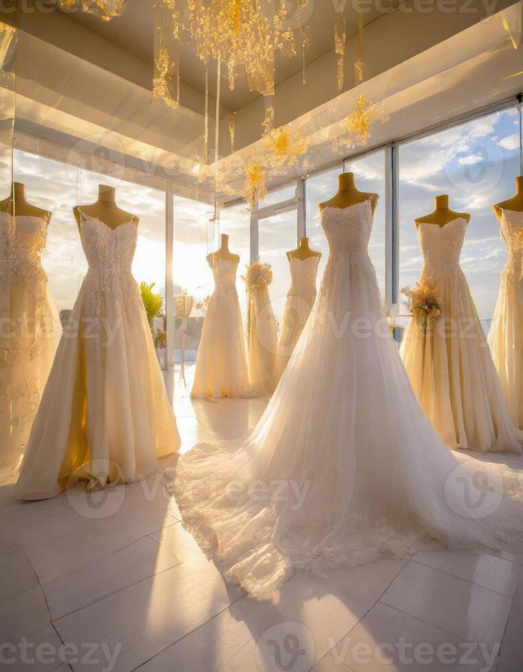 AI generated A collection of different style wedding dresses showcases diverse styles in bridal boutique photo