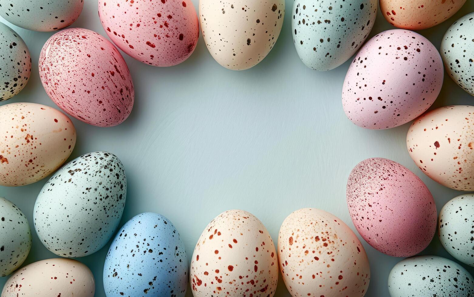 AI generated A variety of speckled Easter eggs forming a border photo