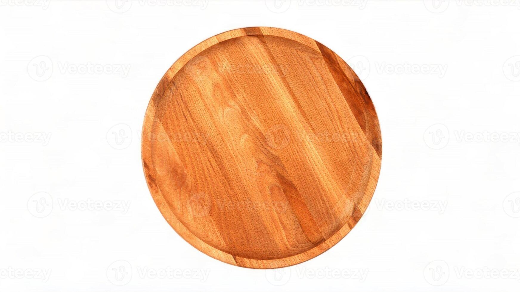 Top view and perspective of empty round wooden plate on white background. Space for branding, text or menu. Business food brand template. Layout. Cooking food. Culinary background. Flat layout. photo