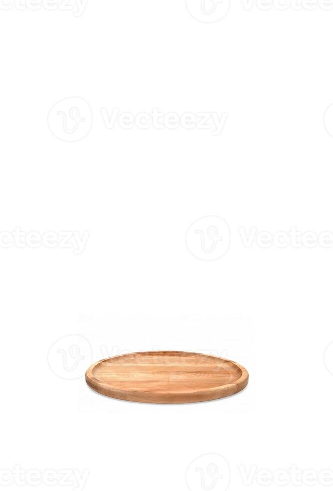 Empty round wooden plate on a white background. Space for branding, text or menu. Business food brand template. Layout. Cooking food. Culinary background. Vertical photography. photo